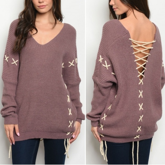 Trend Setter Diva Boutique Sweaters - GIRLY & FLIRTY LACE UP MAUVE TUNIC SWEATER
